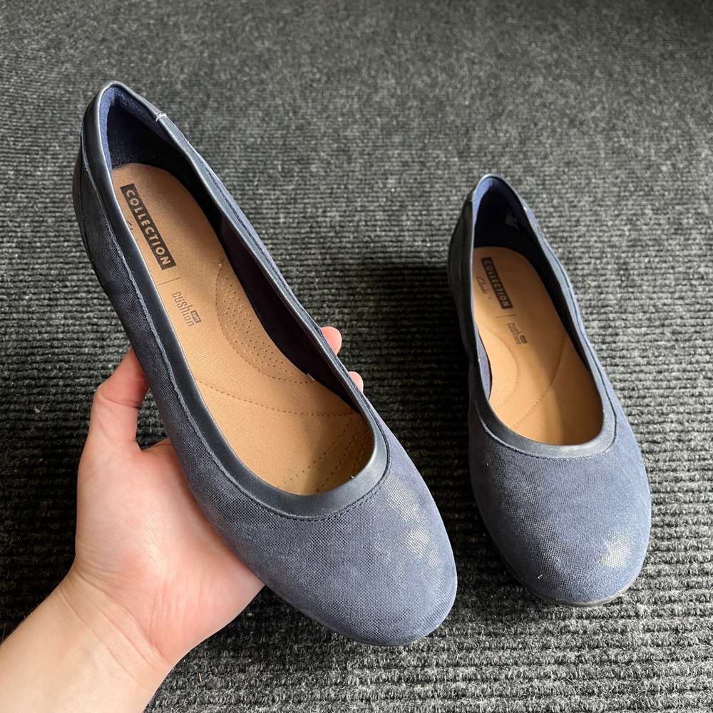 Clarks Collection Ballet Flats Womens 9 Navy Blue Metallic Cushion Soft Slip On